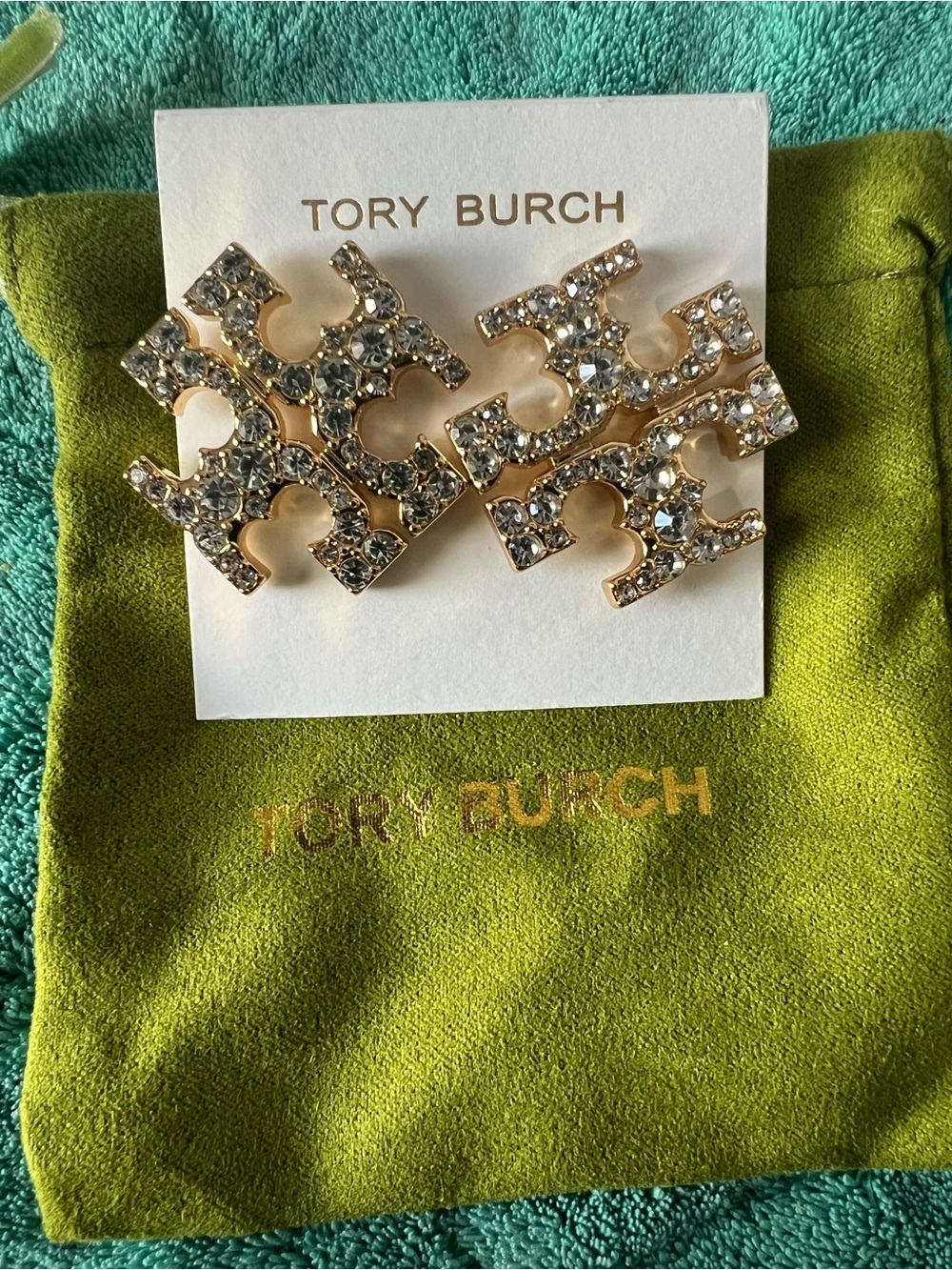Tory Burch Gold Crystal Logo Stud Earrings